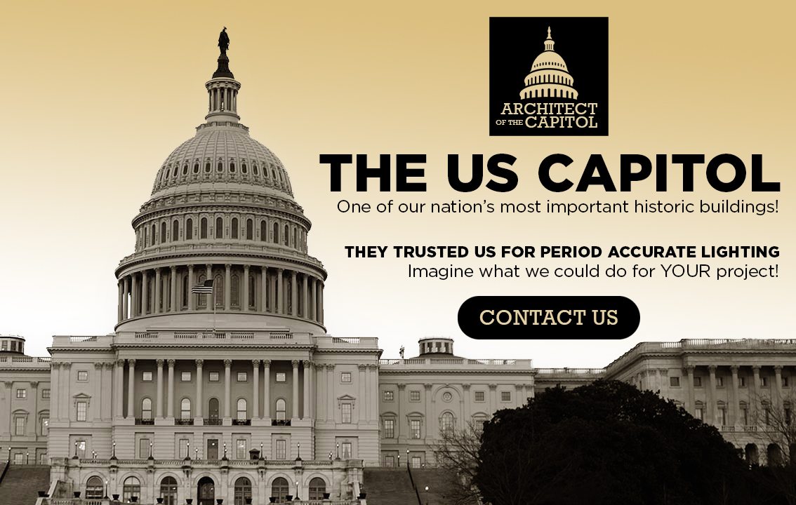 CLC has antique lighting fixtures presently hanging in the The US Capitol in Washington, DC 